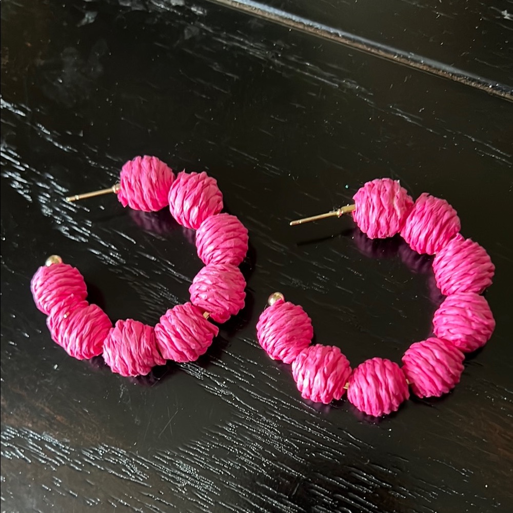 Vibrant Pink Raffia Beaded Hoop Earrings-NWT